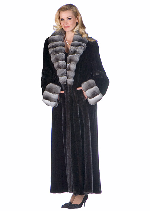 real mink fur coat-ranch mink-chinchilla shawl collar and cuffs