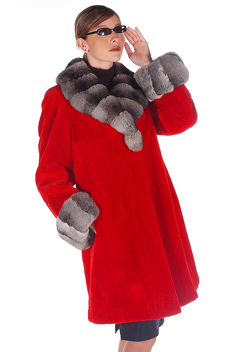 natural chinchilla trimmed-women's red sheared mink jacket
