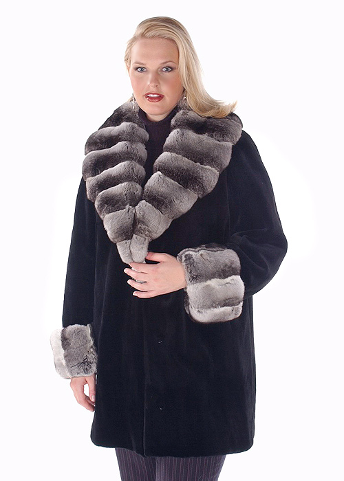 genuine sheared mink fur jacket with chinchilla trimmed-plus size