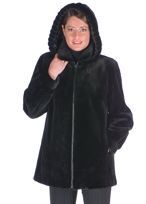women's real sheared mink fur jacket-detachable hood