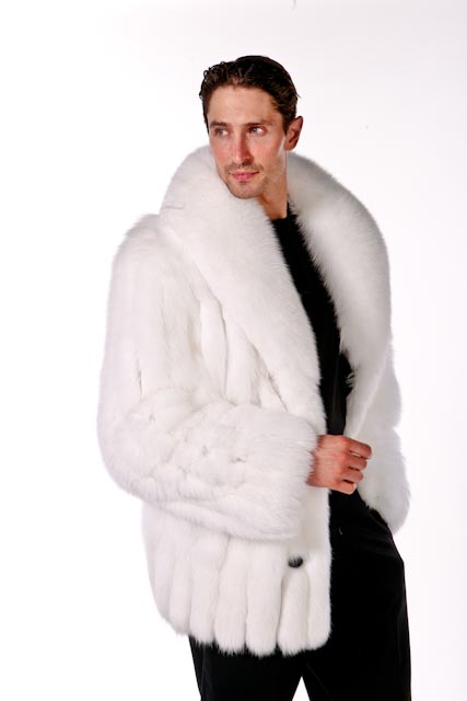 Mens White Fox Jacket – Shawl Collar – Madison Avenue Mall Furs