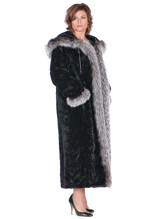 full length-natural mink fur coat-real silver fox trim-sculptured