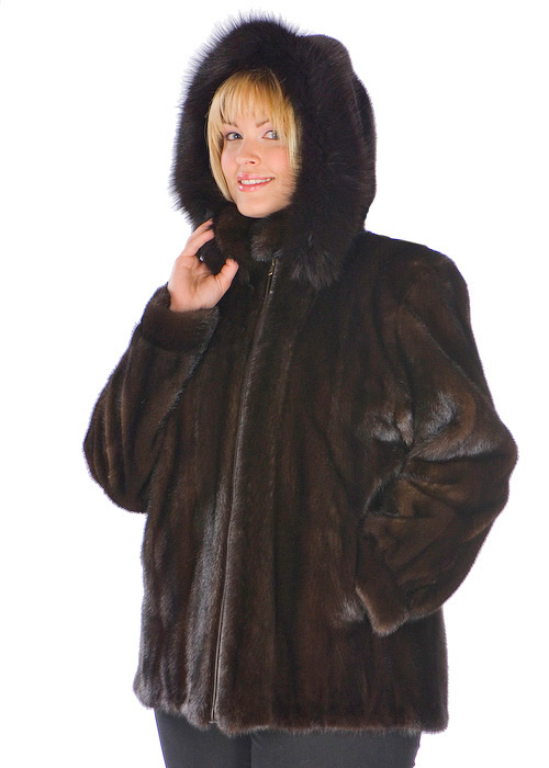mink fur hood jacket-mahogany hooded parka-plus size