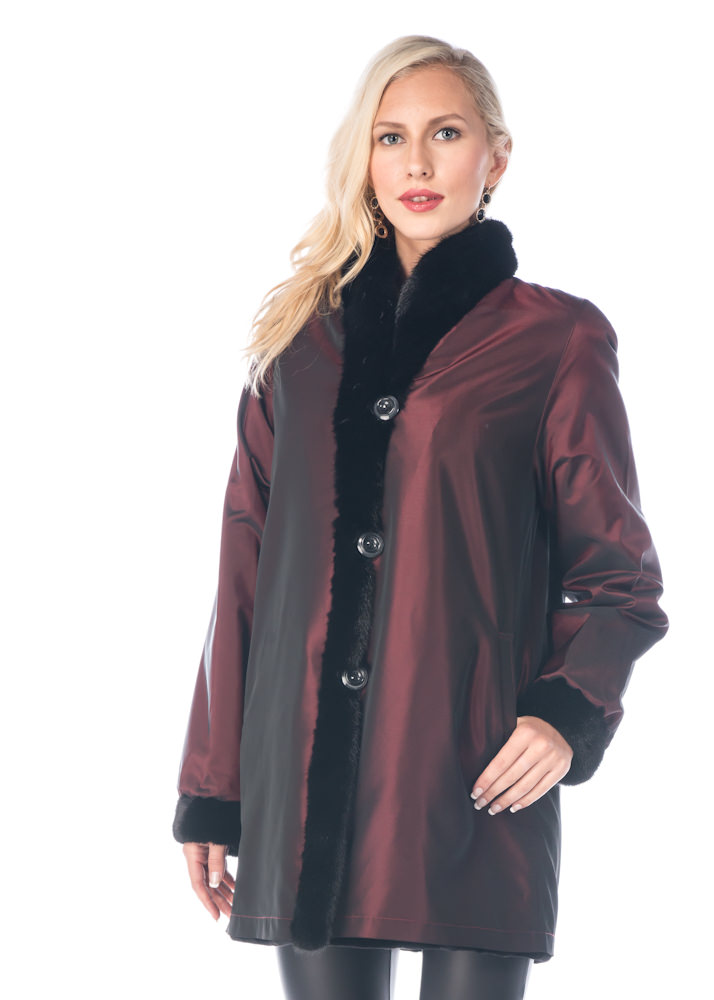 women's real sheared mink fur jacket-reversible to fabric-burgundy