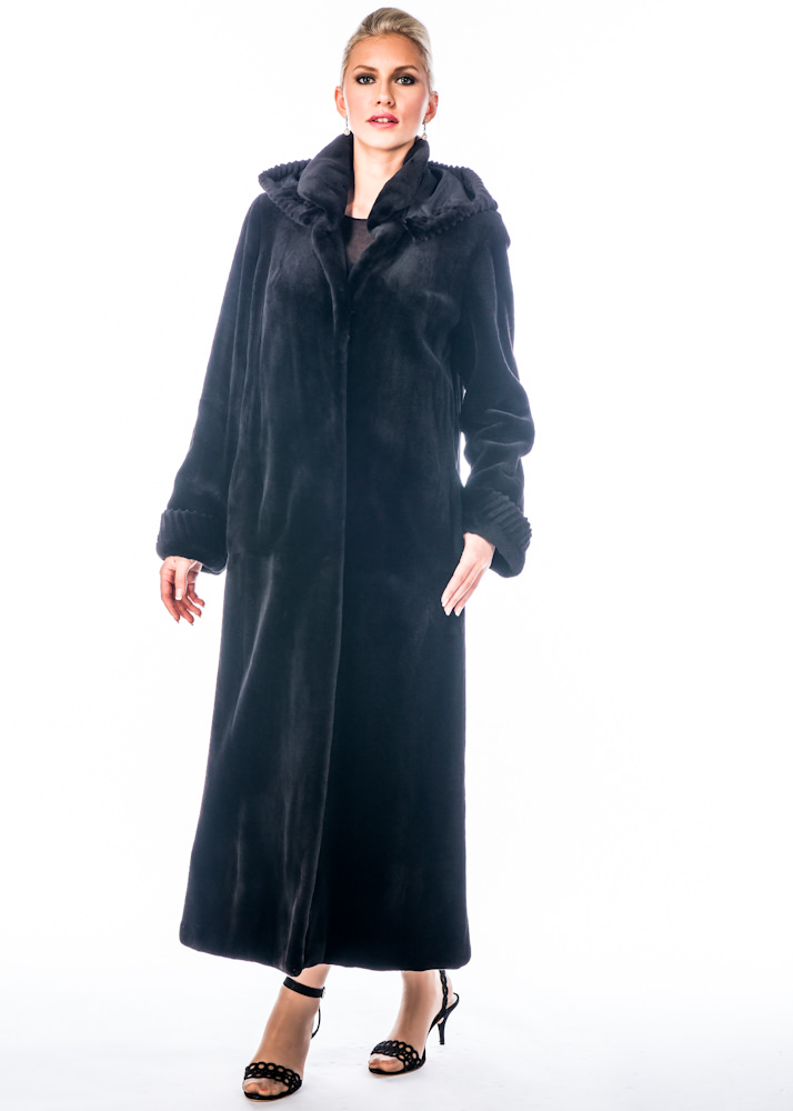 full length-black-mink fur sheared coat with detachable hood