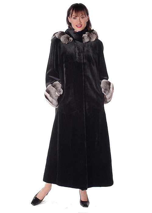 genuine sheared mink coat with real chinchilla hooded trim