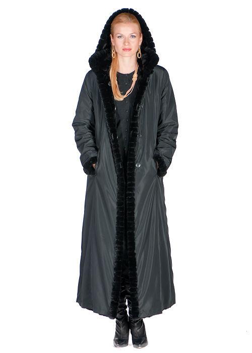 women's full length sheared mink hooded coat-reversible-black
