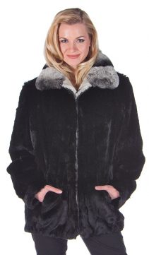 real rabbit fur bomber jacket for women-black zippered rabbit jacket-rex trim