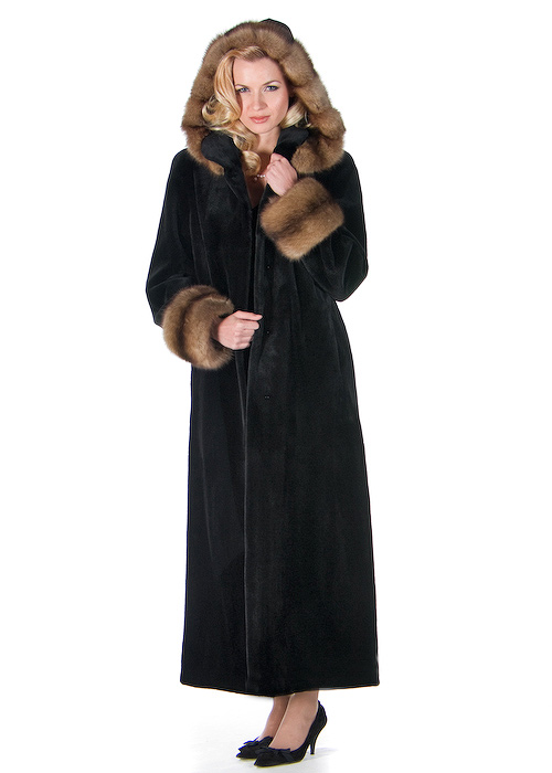 full length women's real mink fur sheared jacket-sable trimmed hooded