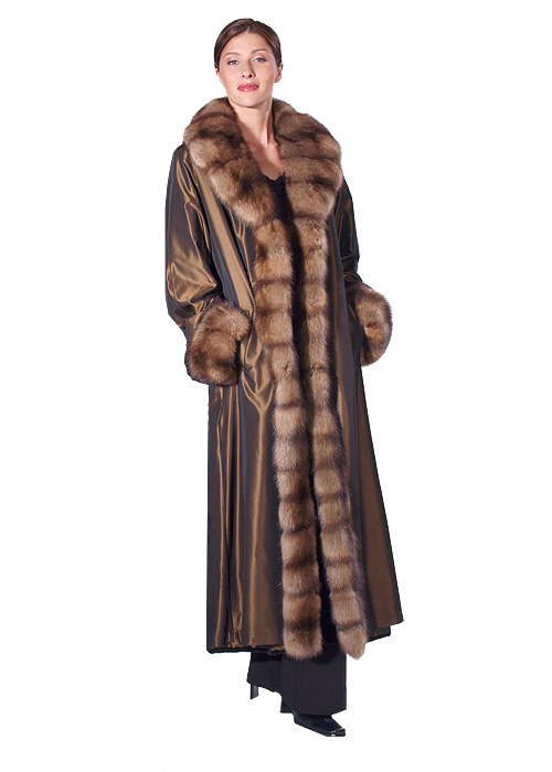 reversible sheared mink fur coat-full length-crosscut sable trim