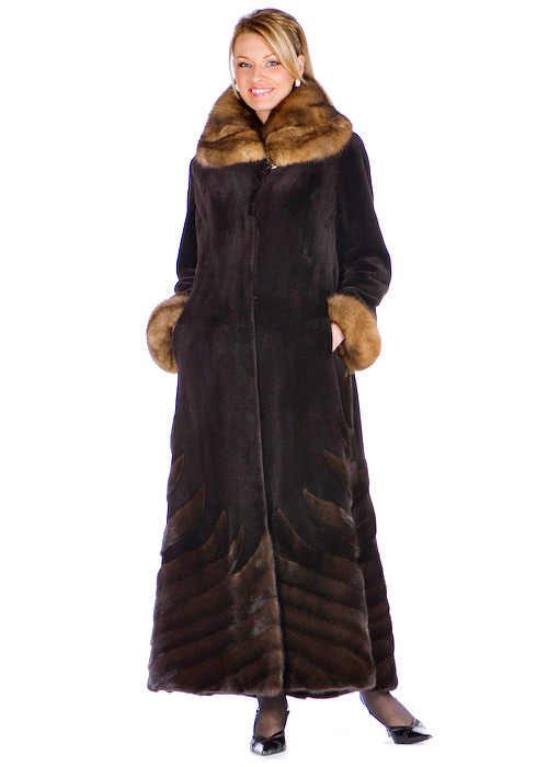 natural mink fur sheared coat-dark brown sable trim designs