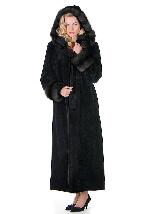 sable trimmed hooded mink sheared coat-black-full length-detachable hood