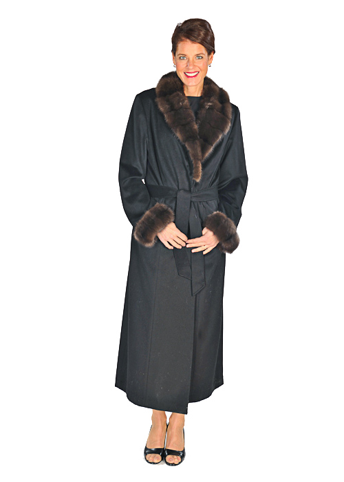 women's cashmere coat-sable fur collar and cuffs-black-long