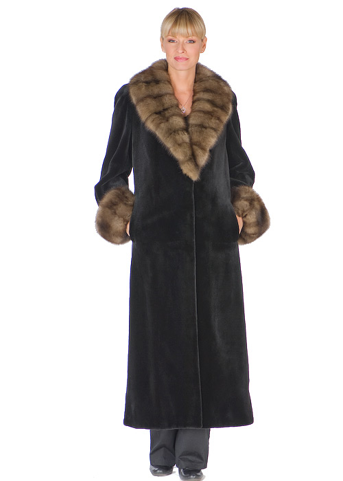 mink sheared long coat-genuine black natural sable trimmed