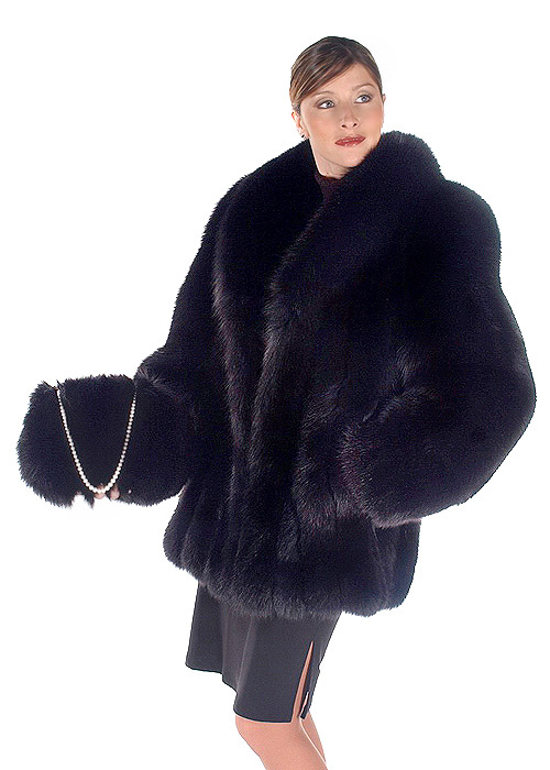 Designer Full length Black leather & Island fox Fur Coat jacket  Stroller M 2-10