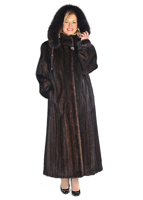 mink coat- hooded mink fur coat-mahogany detachable hood