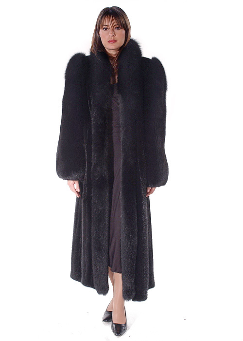 real mink coat-natural mink fur-long-black fox sleeve