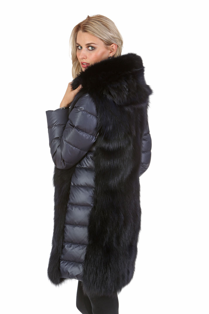 Navy Quilted Fox Coat – Hooded Fox Coat – Madison Avenue Mall Furs
