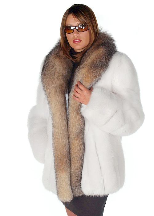 White Fox Fur Jacket Crystal Trim, Genuine White Fox Fur Coat