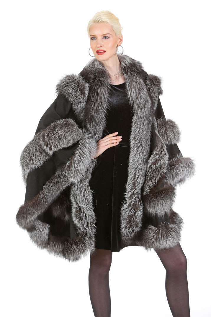 black cashmere cape silver fox fur