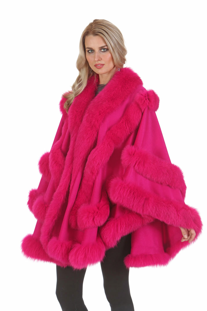 cashmere genuine fox fur trim cape