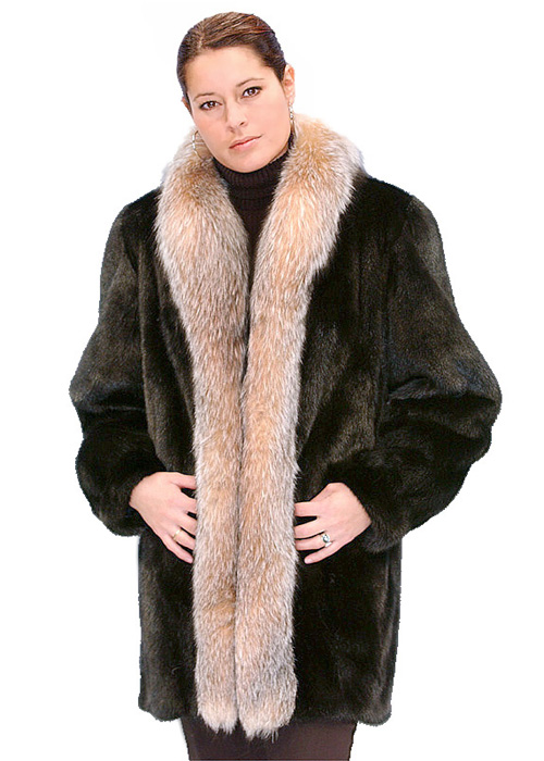 genuine mink real fur jacket-crystal fox fur trim