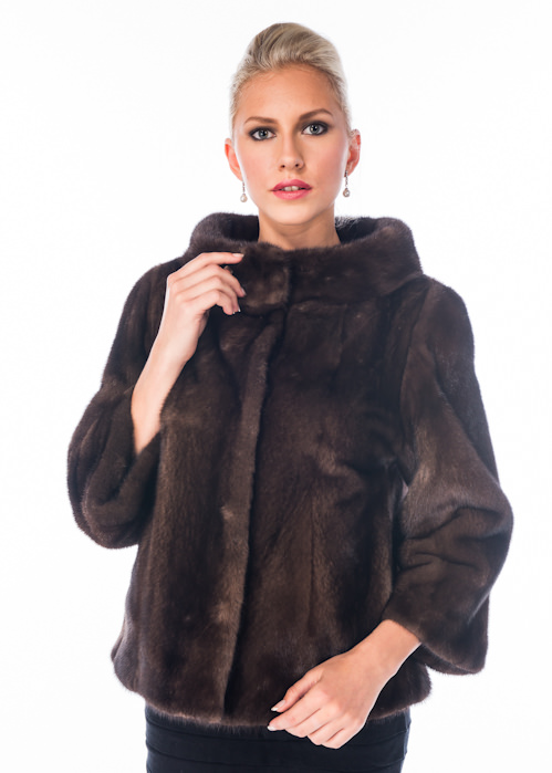 genuine mink jacket with mink fur-boat neck soft brown