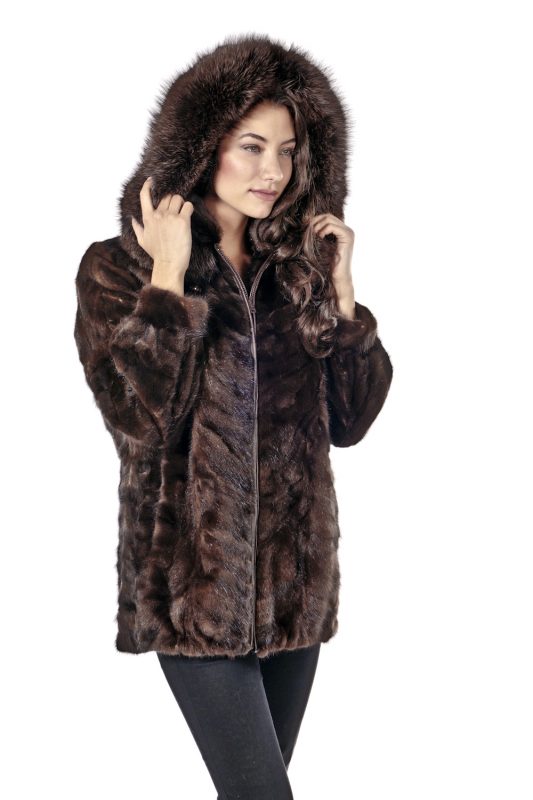 mahogany mink real fur jacket-genuine mink parka-zippered-sculptured