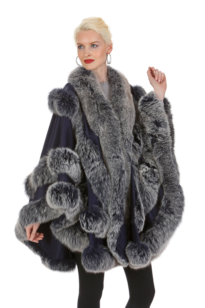 Navy Blue Cashmere Coat – Navy Frost Fox Trim – Madison Avenue Mall Furs