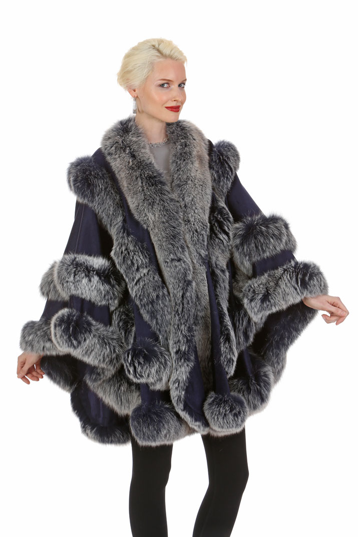 black cashmere cape silver fox fur