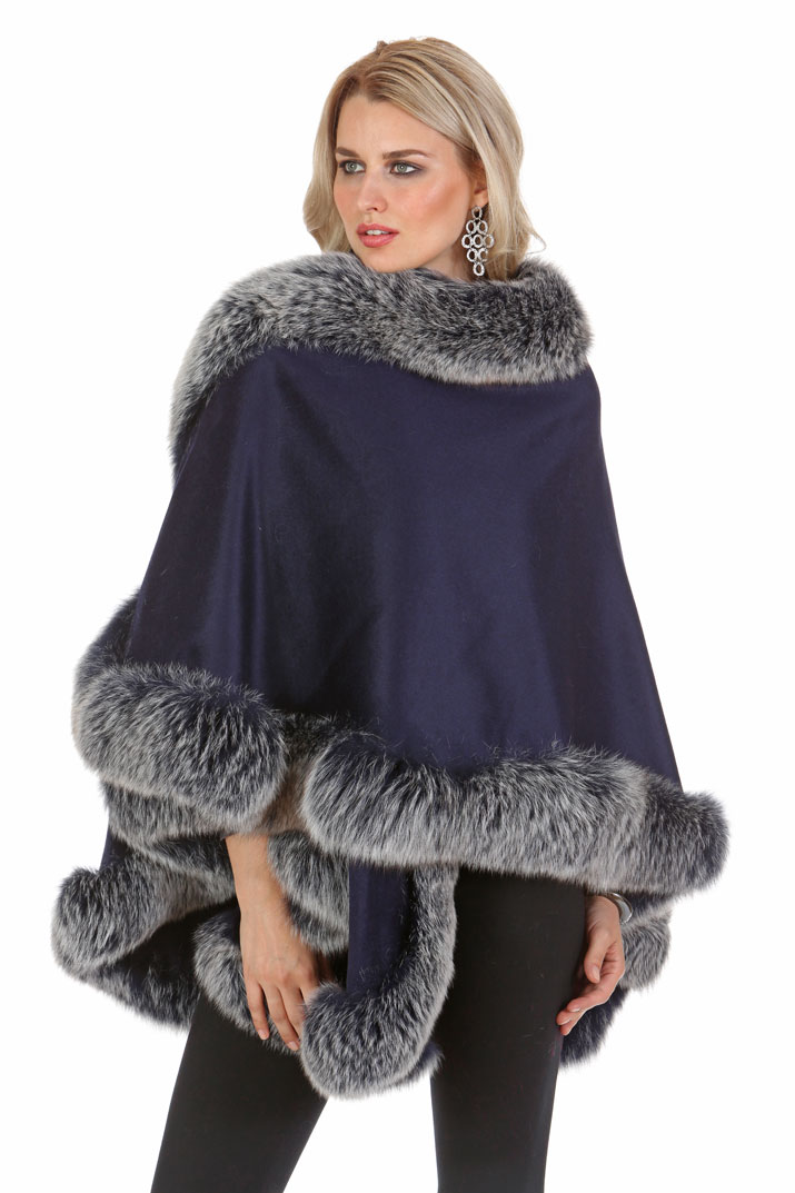 cashmere cape with grey fox trim