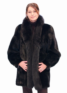 black mink fur jacket with fox trim-ranch mink jacket