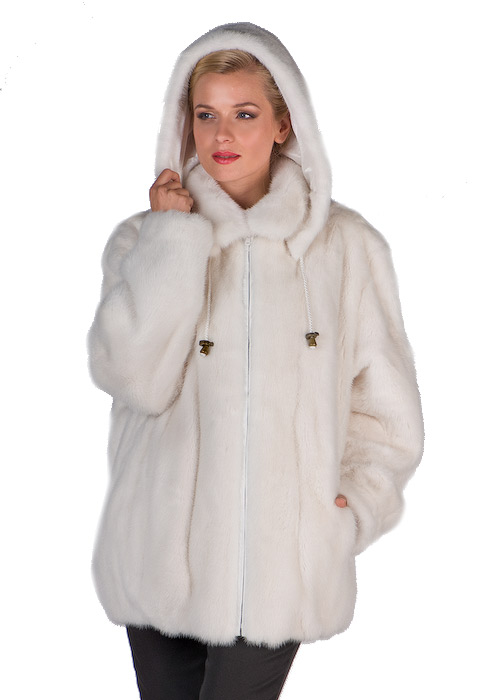 real white mink fur jacket with hooded parka-detachable hood