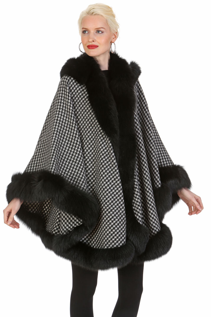 black cashmere cape-fox trimmed with cashmere cape
