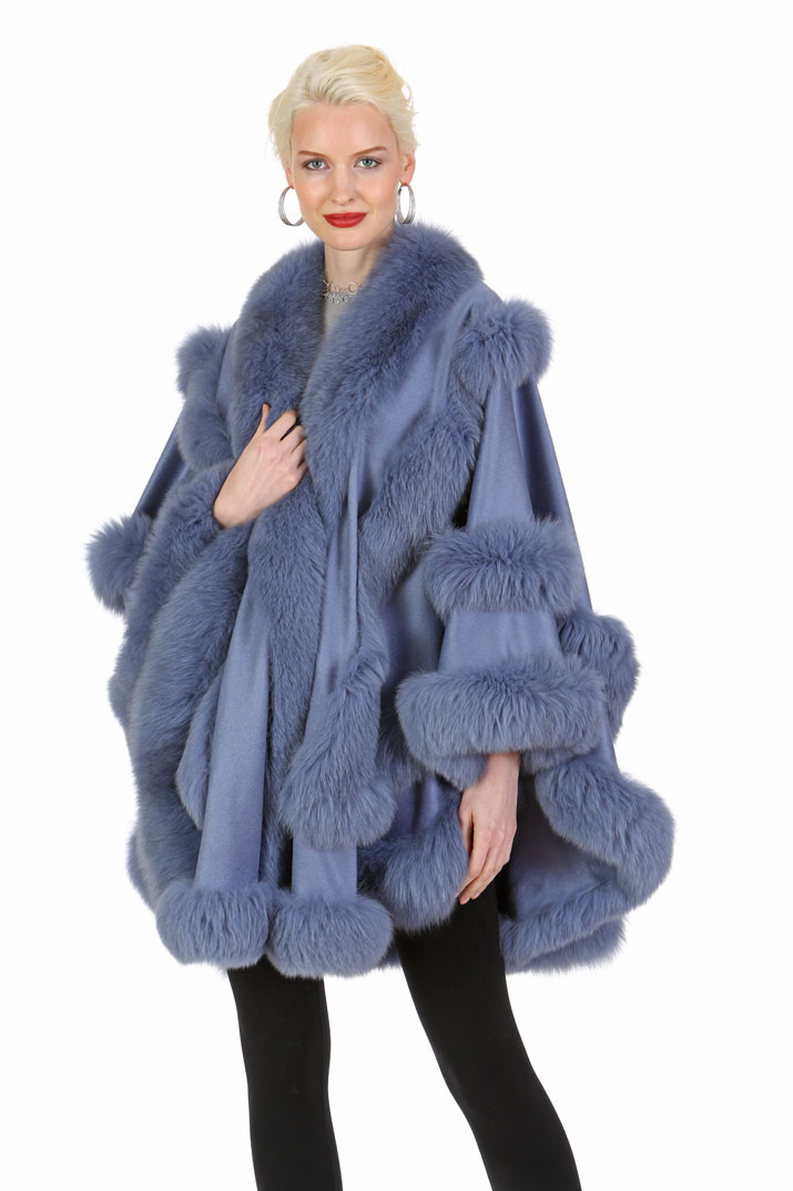 lavender cashmere women cape-cashmere cape with fox trim