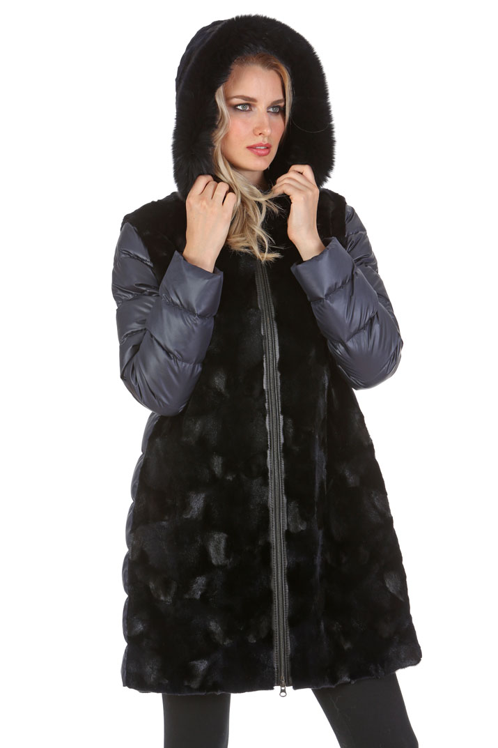 black mink fur jacket with hood-real mink long jacket-quilted sleeve-sculptured mink