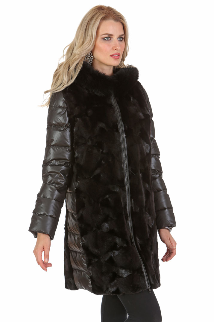 genuine mink jacket with hood-black sculptured mink ranch coat-quilted sleeve