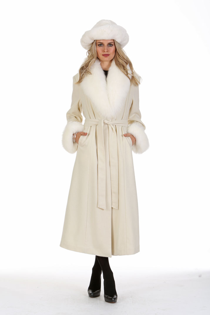 Winter White Cashmere Coat Fox, White Coat With Fur Collar And Cuffs