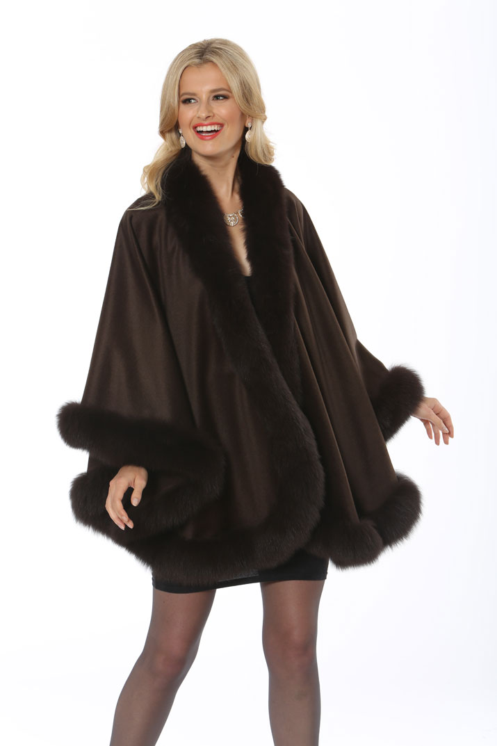 dark-brown-cashmere-100%-cape-genuine fox fur trim cape