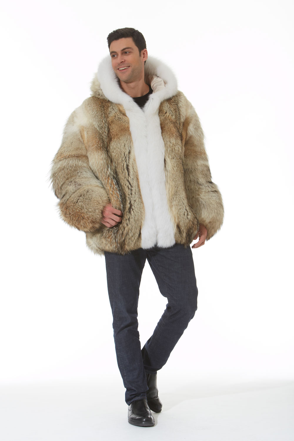Men’s Coyote Hooded Parka – White Fox Trim – Madison Avenue Mall Furs