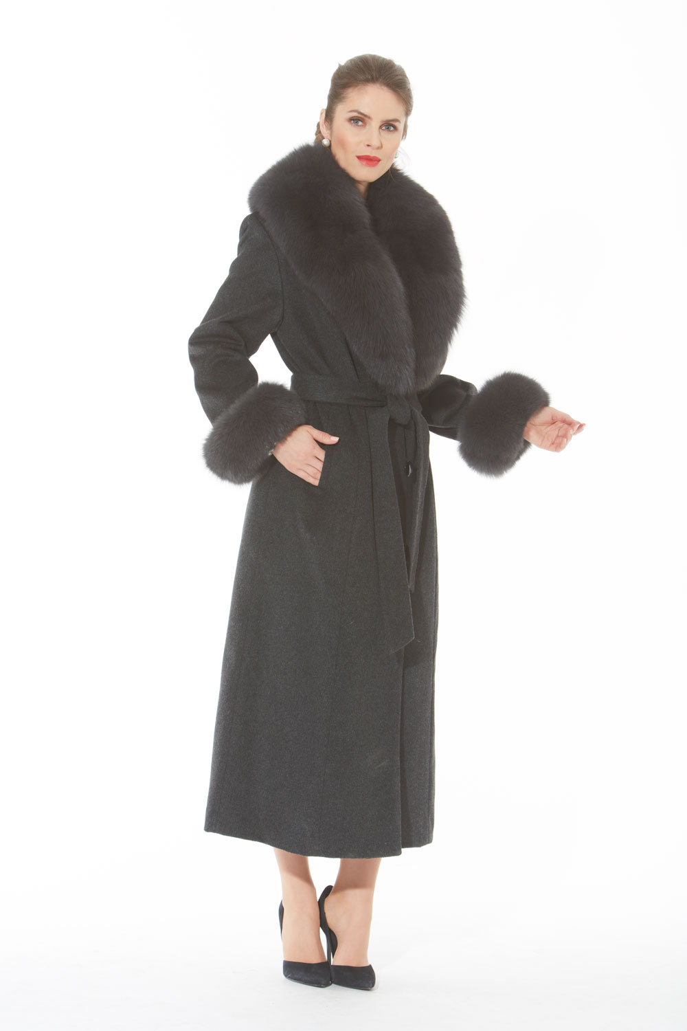 Charcoal Grey Women’s Cashmere Coat – Grey Fox Collar and Cuffs ...