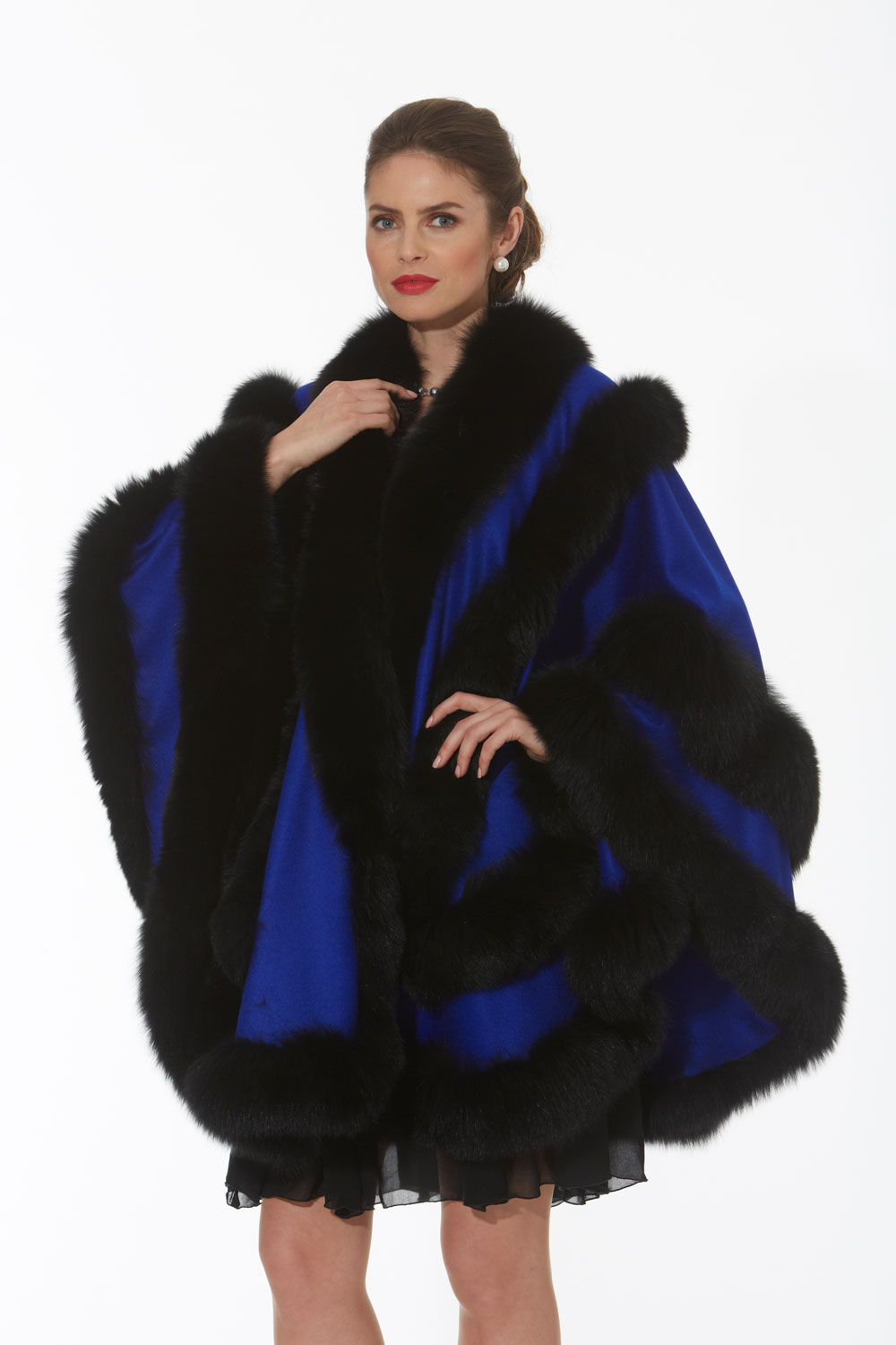 Royal Blue Cashmere Cape-Black Fox Trim-Empress Style | Madison Avenue