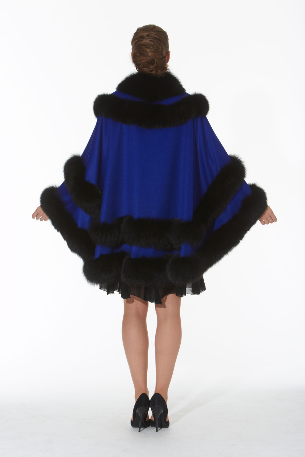 Royal Blue Cashmere Cape-Black Fox Trim-Empress Style | Madison Avenue