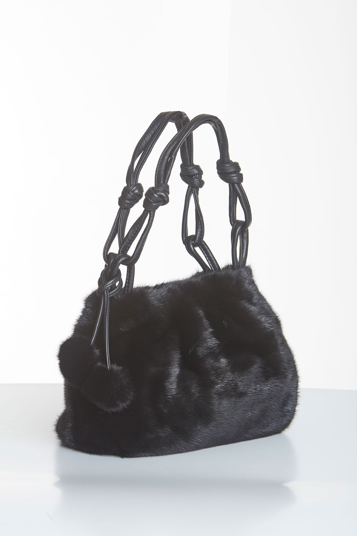 Mink Fur Handbag - Midsize - Black Mink Pom Poms